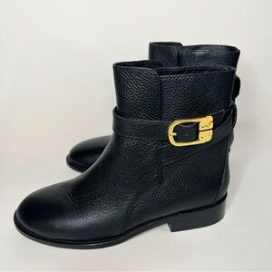 Tory Burch Black Leather Ankle Boots with Gold Buckle